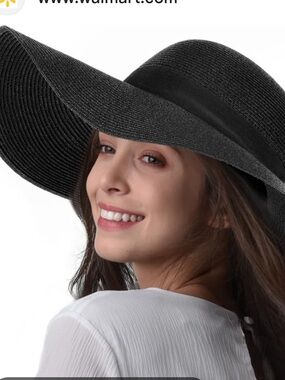 H&M Women's Floppy Straw Hat with Ribbon Black size large NWT